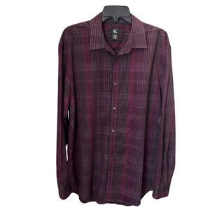 Calvin Klein button down collard shirt, purple plaid, size large